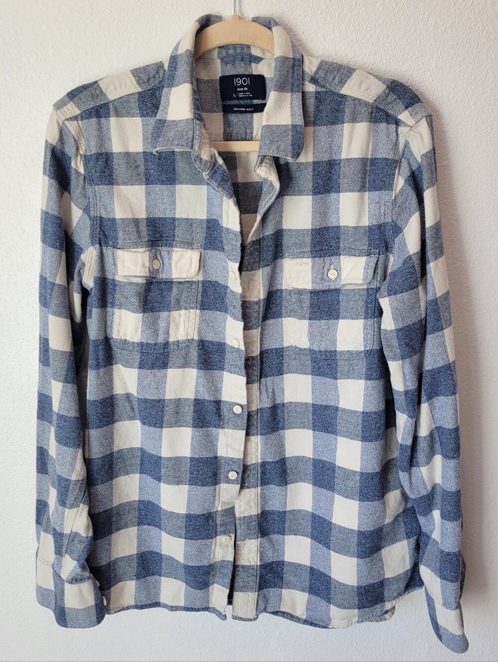 1901 Fairview Wash Men L Trim Fit Blue White Buffalo Check Flannel Button Up